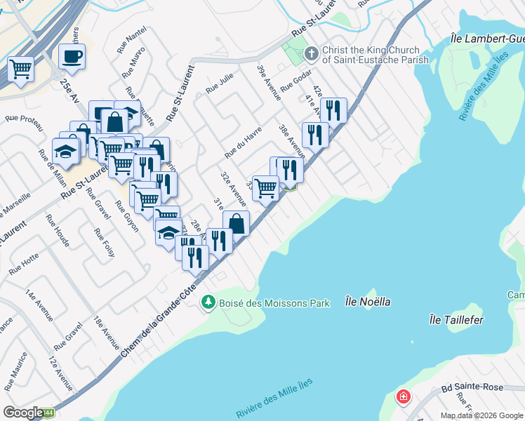 map of restaurants, bars, coffee shops, grocery stores, and more near 309 Chemin de la Grande-Côte in Saint-Eustache