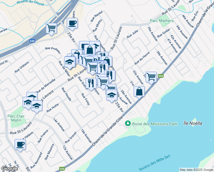 map of restaurants, bars, coffee shops, grocery stores, and more near 135 G 25e Avenue in Saint-Eustache
