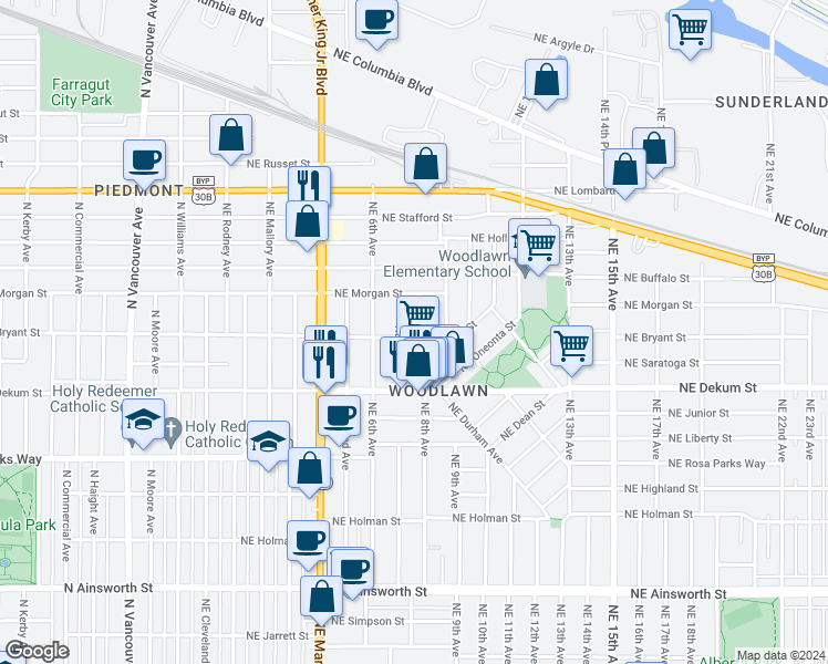map of restaurants, bars, coffee shops, grocery stores, and more near 719 Northeast Bryant Street in Portland