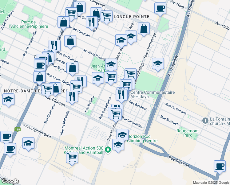 map of restaurants, bars, coffee shops, grocery stores, and more near 2595 Rue Bossuet in Montréal