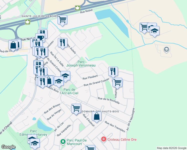map of restaurants, bars, coffee shops, grocery stores, and more near 390 Rue Flaubert in Sainte-Julie