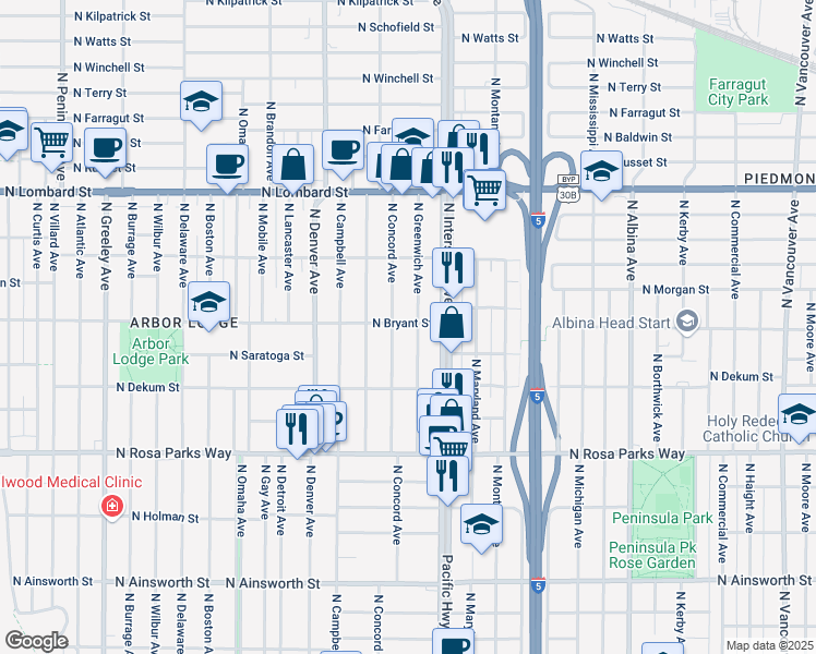 map of restaurants, bars, coffee shops, grocery stores, and more near 1612 North Bryant Street in Portland