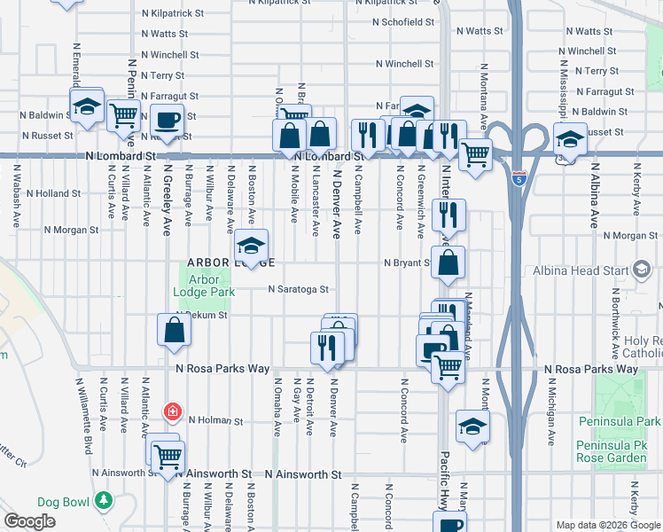 map of restaurants, bars, coffee shops, grocery stores, and more near 2025 North Saratoga Street in Portland
