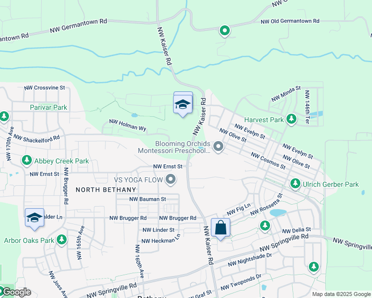 map of restaurants, bars, coffee shops, grocery stores, and more near 7250 Northwest Kaiser Road in Portland