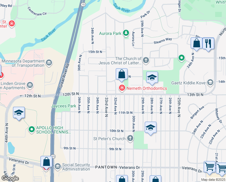 map of restaurants, bars, coffee shops, grocery stores, and more near 3200 12th Street North in St. Cloud