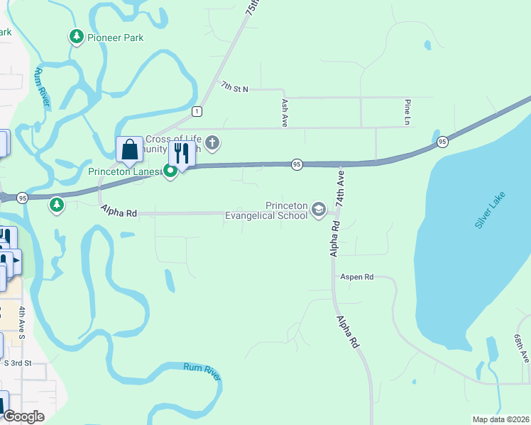 map of restaurants, bars, coffee shops, grocery stores, and more near 7525 Alpha Road in Princeton