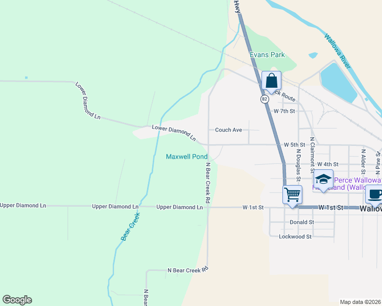 map of restaurants, bars, coffee shops, grocery stores, and more near 806 West 5th Street in Wallowa