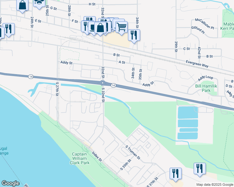 map of restaurants, bars, coffee shops, grocery stores, and more near 480 South 32nd Street in Washougal