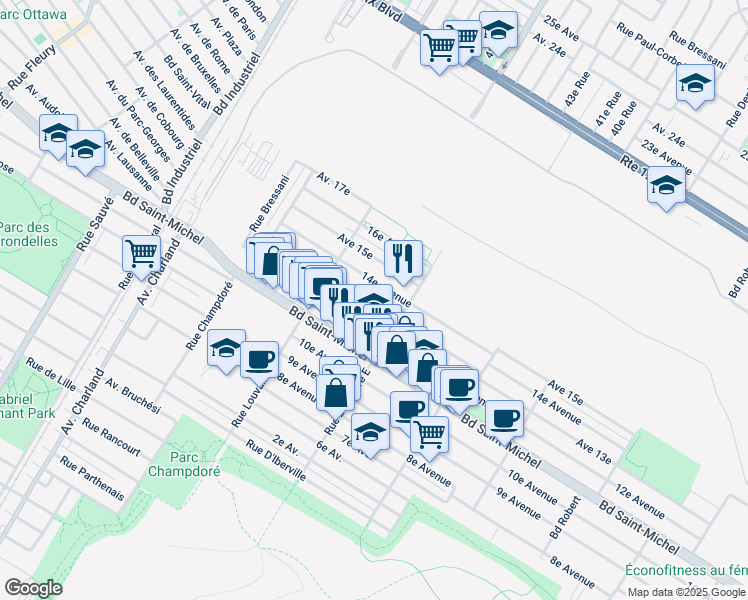 map of restaurants, bars, coffee shops, grocery stores, and more near 9105 13e Avenue in Montréal