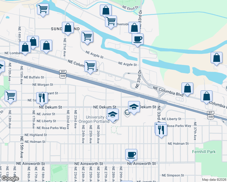 map of restaurants, bars, coffee shops, grocery stores, and more near 2800 Northeast Bryant Street in Portland