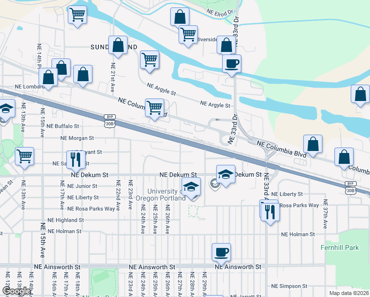 map of restaurants, bars, coffee shops, grocery stores, and more near 2800 Northeast Bryant Street in Portland