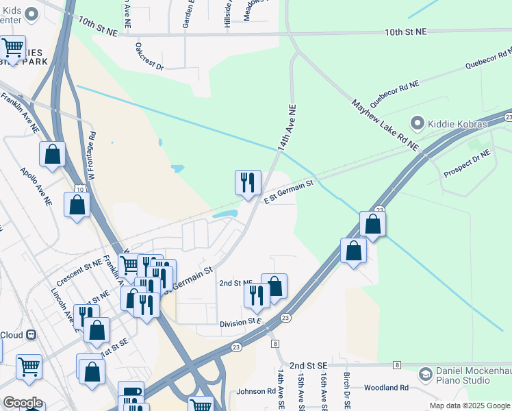 map of restaurants, bars, coffee shops, grocery stores, and more near 1530 E St Germain St in St Cloud