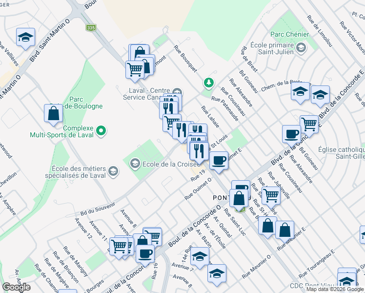 map of restaurants, bars, coffee shops, grocery stores, and more near 802 Boulevard des Laurentides in Laval