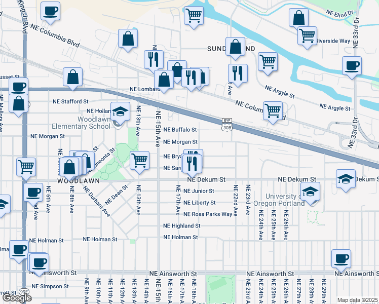 map of restaurants, bars, coffee shops, grocery stores, and more near 1746 Northeast Bryant Street in Portland