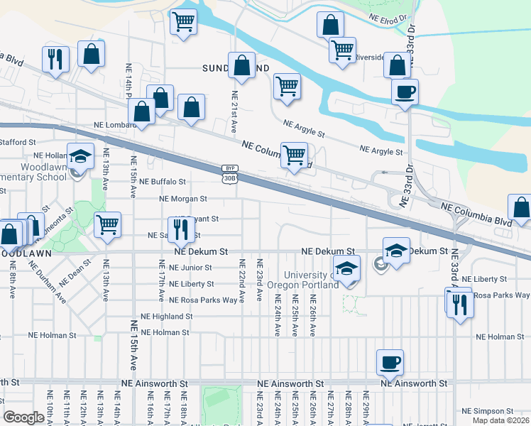 map of restaurants, bars, coffee shops, grocery stores, and more near 2417 Northeast Saratoga Street in Portland