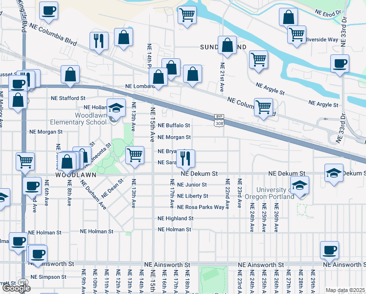 map of restaurants, bars, coffee shops, grocery stores, and more near 1746 Northeast Bryant Street in Portland