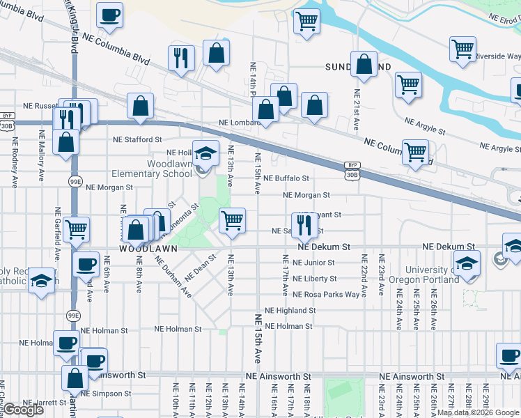 map of restaurants, bars, coffee shops, grocery stores, and more near 6923 Northeast 15th Avenue in Portland