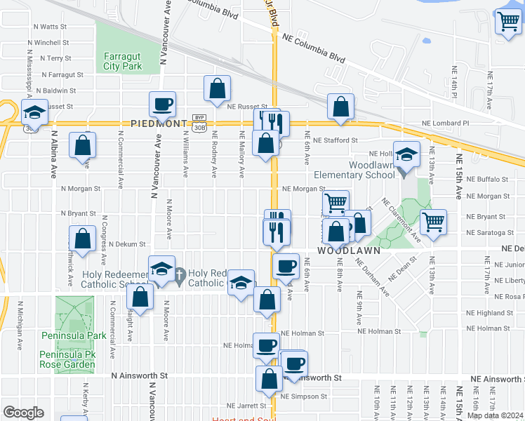 map of restaurants, bars, coffee shops, grocery stores, and more near 6933 Northeast Garfield Avenue in Portland