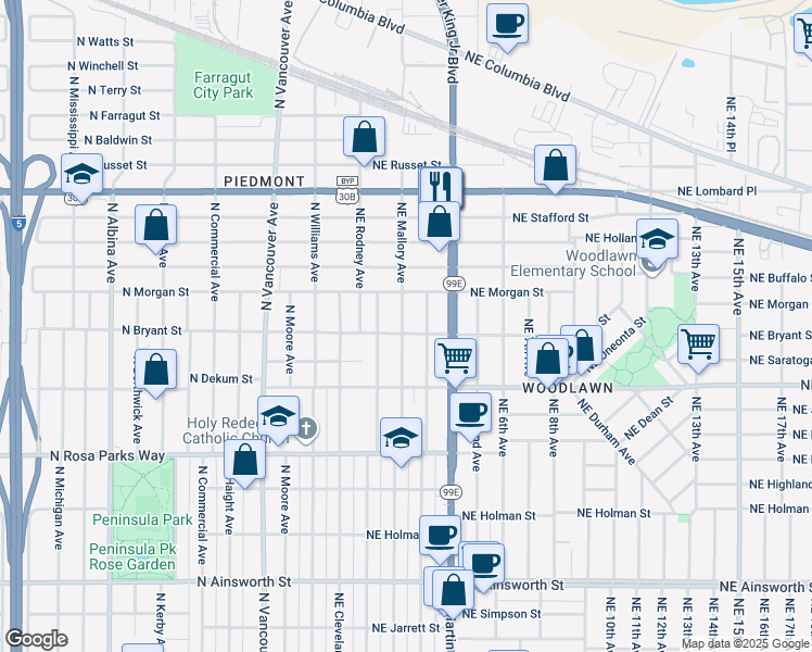 map of restaurants, bars, coffee shops, grocery stores, and more near 6933 Northeast Garfield Avenue in Portland