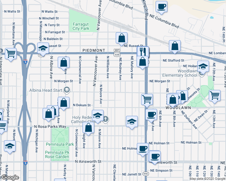 map of restaurants, bars, coffee shops, grocery stores, and more near 6930 Northeast Cleveland Avenue in Portland