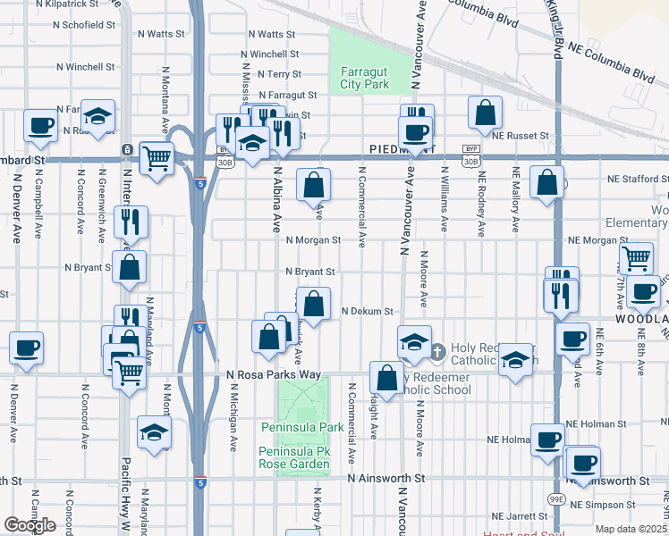 map of restaurants, bars, coffee shops, grocery stores, and more near 6916 North Congress Avenue in Portland