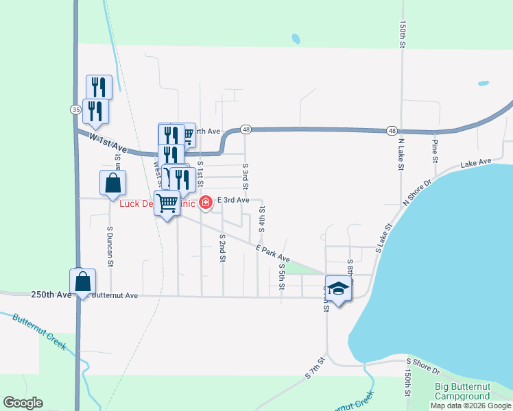map of restaurants, bars, coffee shops, grocery stores, and more near 308 South 3rd Street in Luck