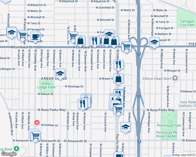 map of restaurants, bars, coffee shops, grocery stores, and more near North Bryant Street in Portland