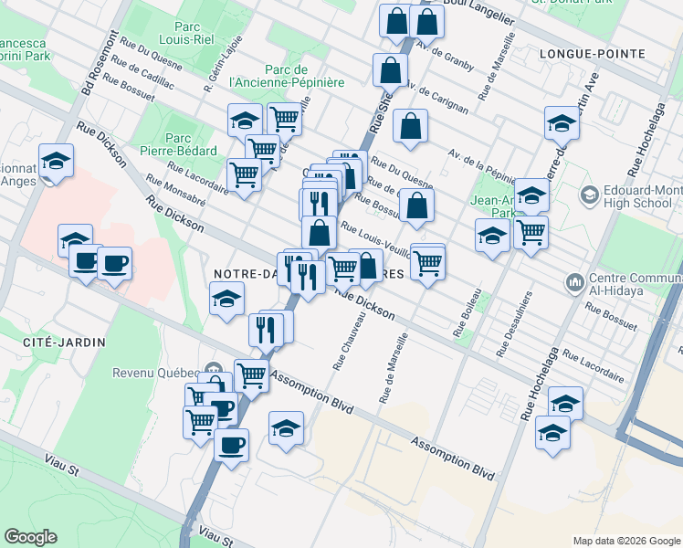 map of restaurants, bars, coffee shops, grocery stores, and more near 3232 Rue Monsabré in Montréal