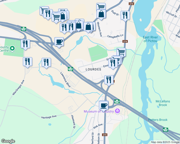 map of restaurants, bars, coffee shops, grocery stores, and more near 39 Emmanuel Street in New Glasgow
