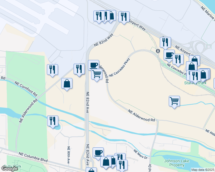 map of restaurants, bars, coffee shops, grocery stores, and more near 8922 Northeast Alderwood Road in Portland