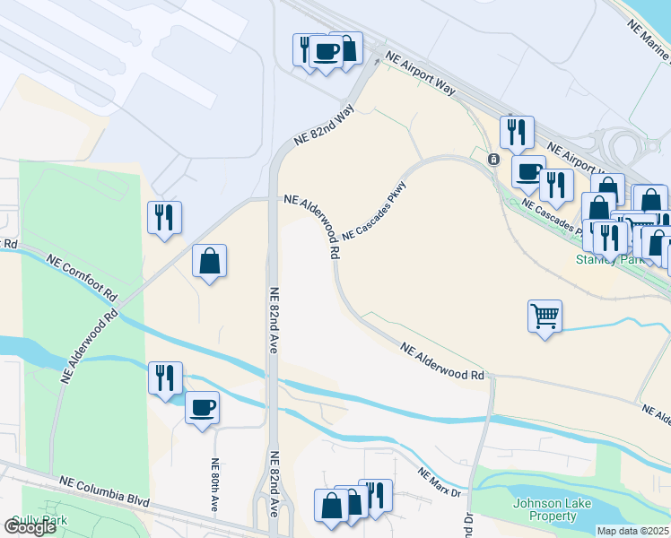 map of restaurants, bars, coffee shops, grocery stores, and more near 8599 Northeast Alderwood Road in Portland