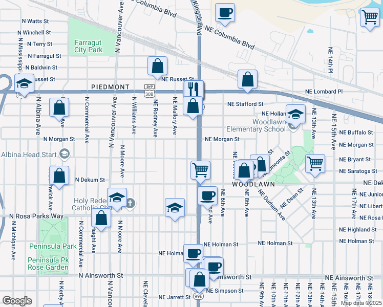 map of restaurants, bars, coffee shops, grocery stores, and more near 6933 Northeast Garfield Avenue in Portland