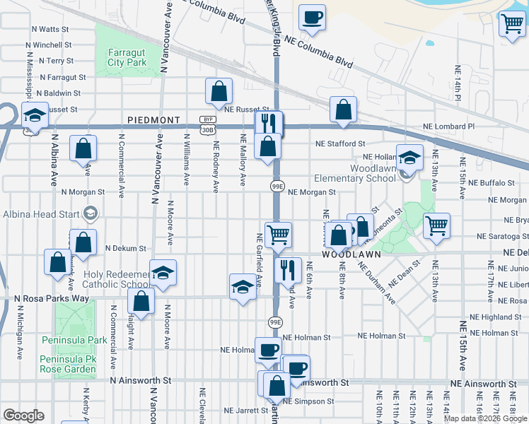map of restaurants, bars, coffee shops, grocery stores, and more near 6933 Northeast Garfield Avenue in Portland