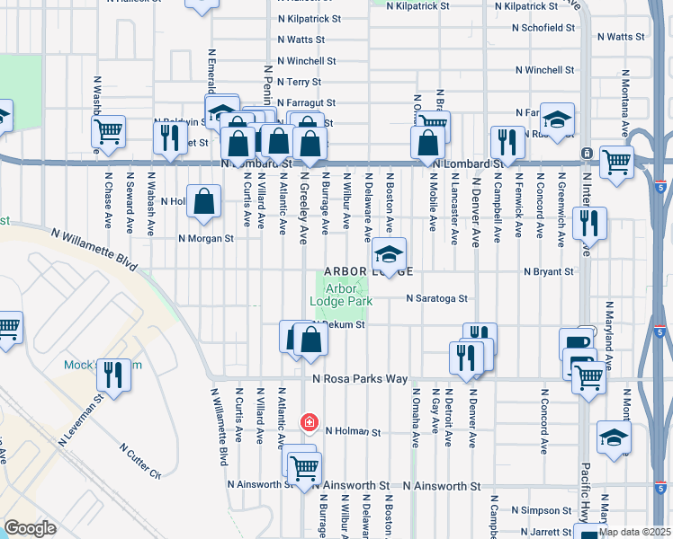 map of restaurants, bars, coffee shops, grocery stores, and more near North Bryant Street in Portland