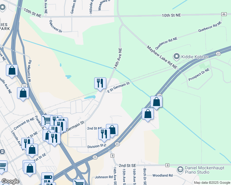 map of restaurants, bars, coffee shops, grocery stores, and more near 1550 East Saint Germain Street in St. Cloud