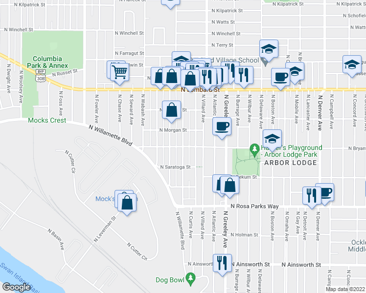 map of restaurants, bars, coffee shops, grocery stores, and more near North Bryant Street & North Knowles Avenue in Portland