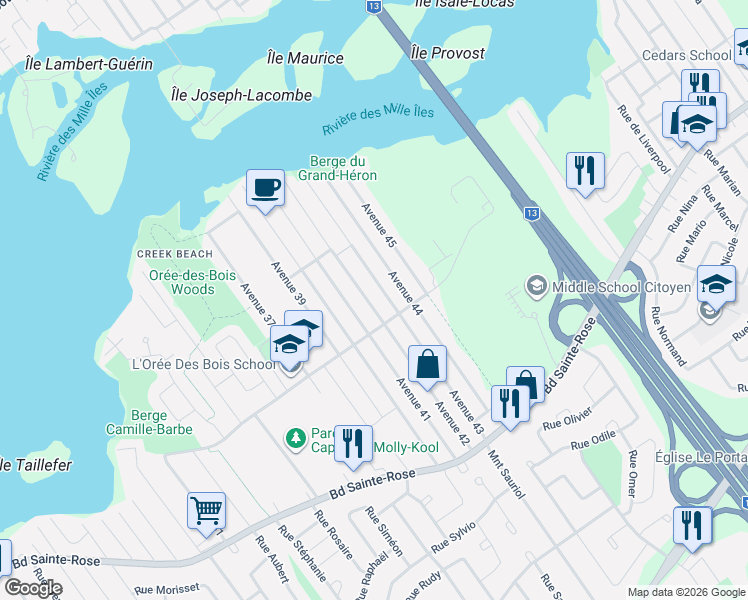 map of restaurants, bars, coffee shops, grocery stores, and more near 1129 42e Av in Laval