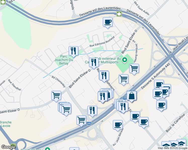 map of restaurants, bars, coffee shops, grocery stores, and more near 2870 Boulevard Daniel-Johnson in Laval