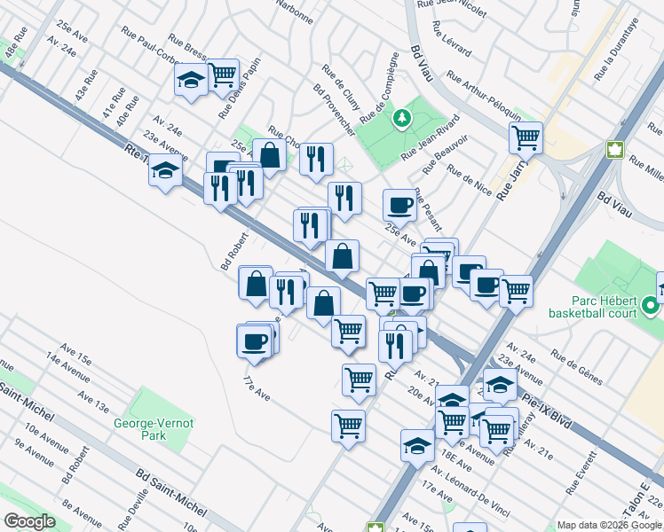 map of restaurants, bars, coffee shops, grocery stores, and more near 8319 Boulevard Pie-IX in Montréal
