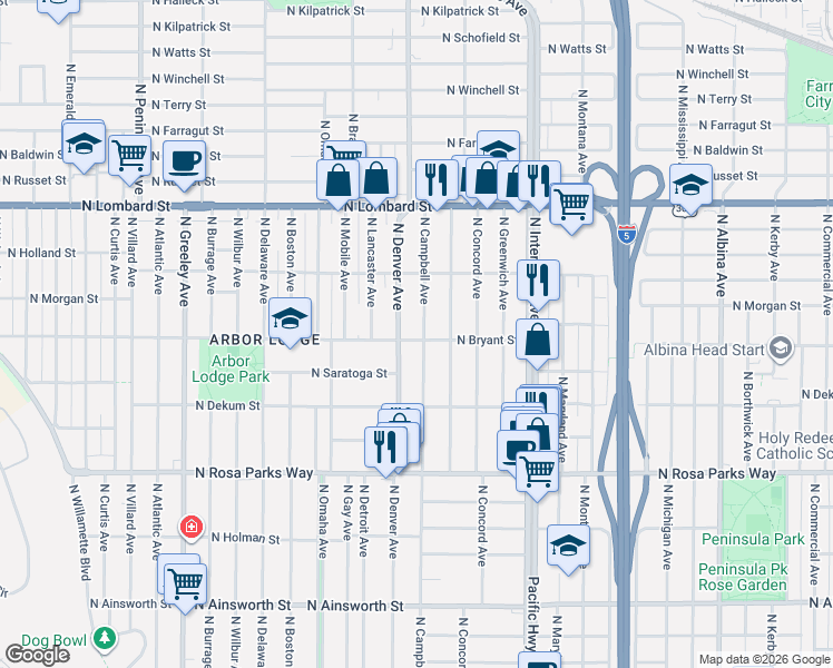 map of restaurants, bars, coffee shops, grocery stores, and more near 1909 North Bryant Street in Portland