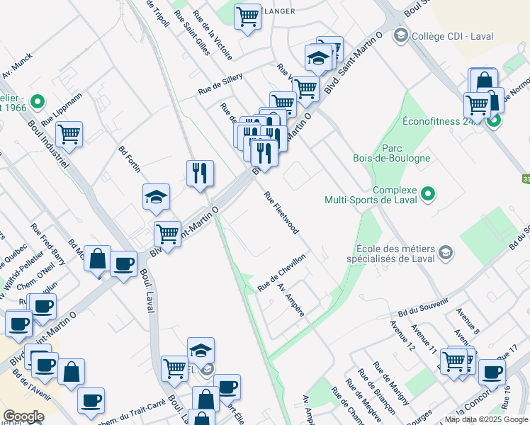 map of restaurants, bars, coffee shops, grocery stores, and more near in Laval