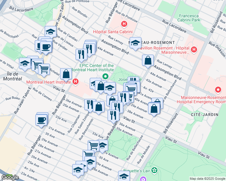 map of restaurants, bars, coffee shops, grocery stores, and more near 6640 40e Av in Montreal