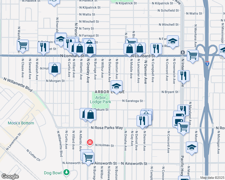 map of restaurants, bars, coffee shops, grocery stores, and more near 2431 North Bryant Street in Portland