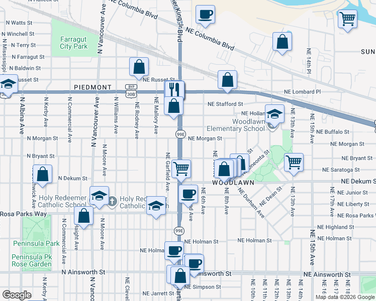 map of restaurants, bars, coffee shops, grocery stores, and more near 6936 Northeast Martin Luther King Junior Boulevard in Portland