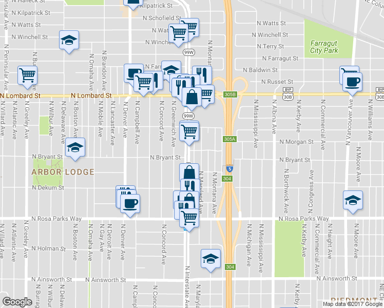 map of restaurants, bars, coffee shops, grocery stores, and more near 6912 North Interstate Avenue in Portland