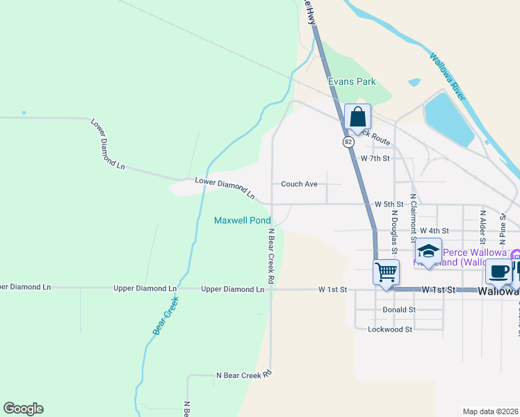 map of restaurants, bars, coffee shops, grocery stores, and more near 222 North Bear Creek Road in Wallowa