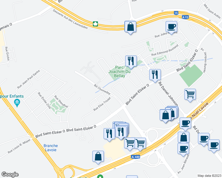map of restaurants, bars, coffee shops, grocery stores, and more near 3115 Rue Alfred de Musset in Laval