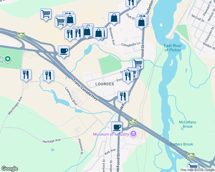 map of restaurants, bars, coffee shops, grocery stores, and more near 39 Emmanuel Street in New Glasgow