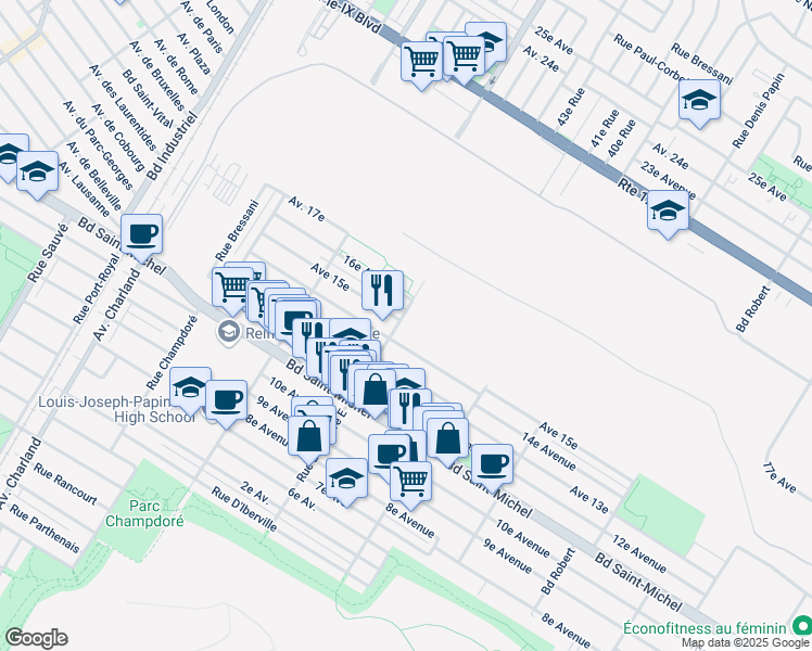 map of restaurants, bars, coffee shops, grocery stores, and more near in Montreal
