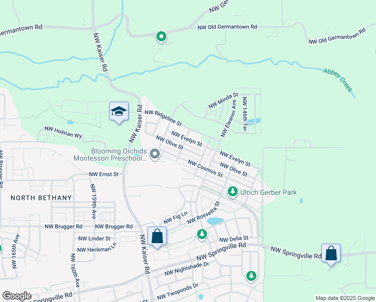 map of restaurants, bars, coffee shops, grocery stores, and more near 15043 Northwest Cosmos Street in Portland